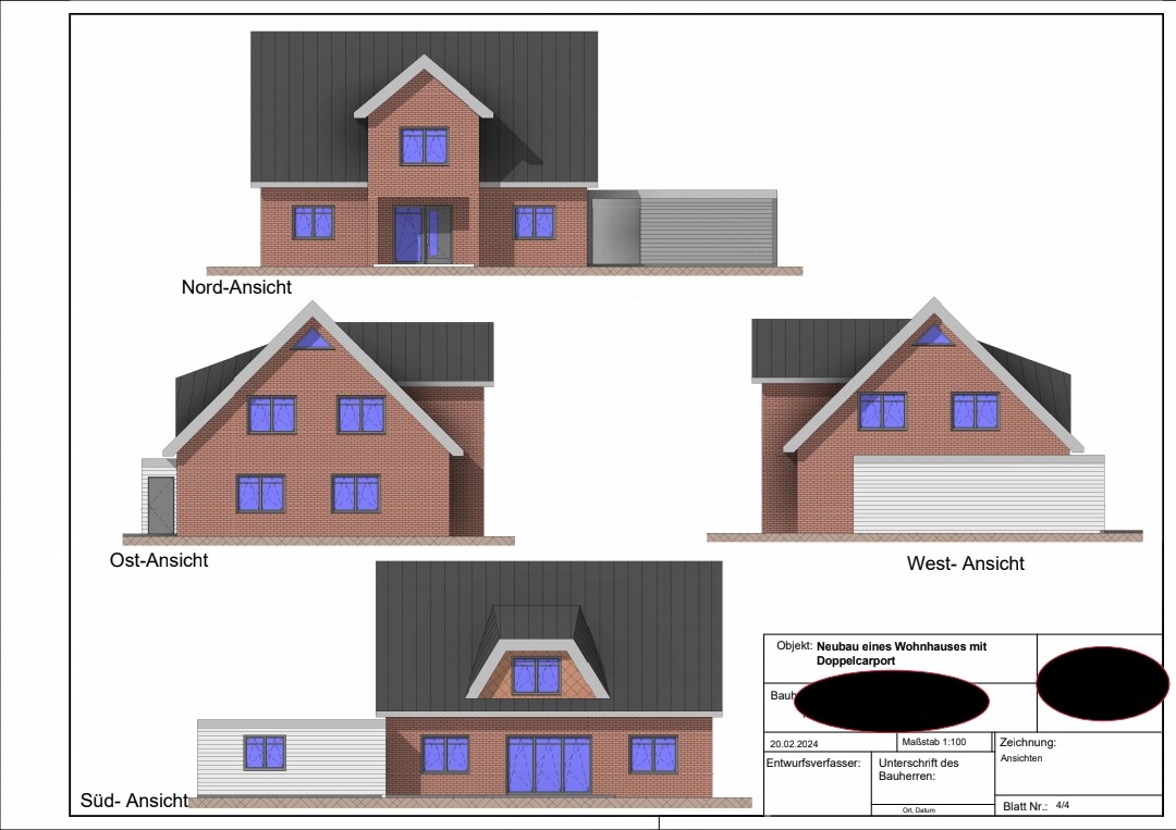 Red brick house with gray roof and double carport - north, east, west, south views.