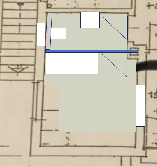 Building floor plan with blue line and white door/window rectangles.