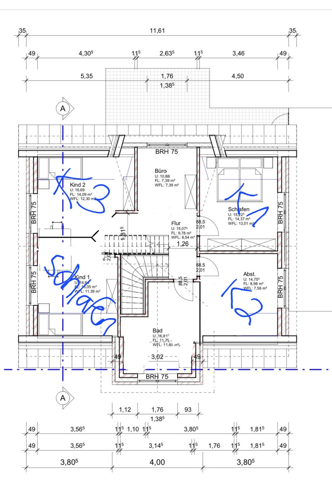 Floor plan of one level: office, bedroom, two children’s bedrooms, hallway, bathroom.