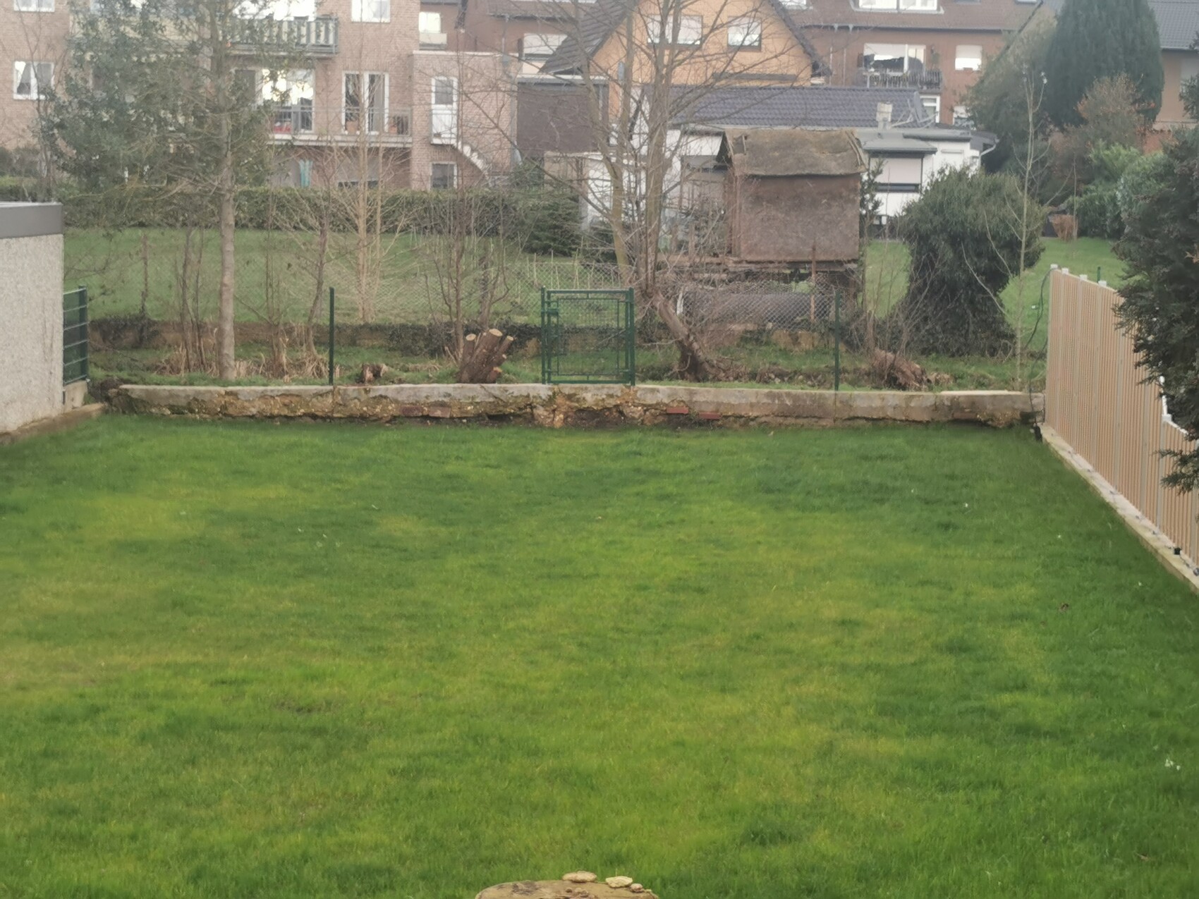 Well-maintained garden with green lawn, stone wall, fence, and small wooden shed in the background.