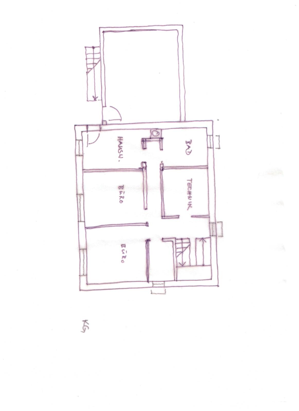 Hand-drawn house floor plan sketch with rooms, bathroom, technical room and staircase.