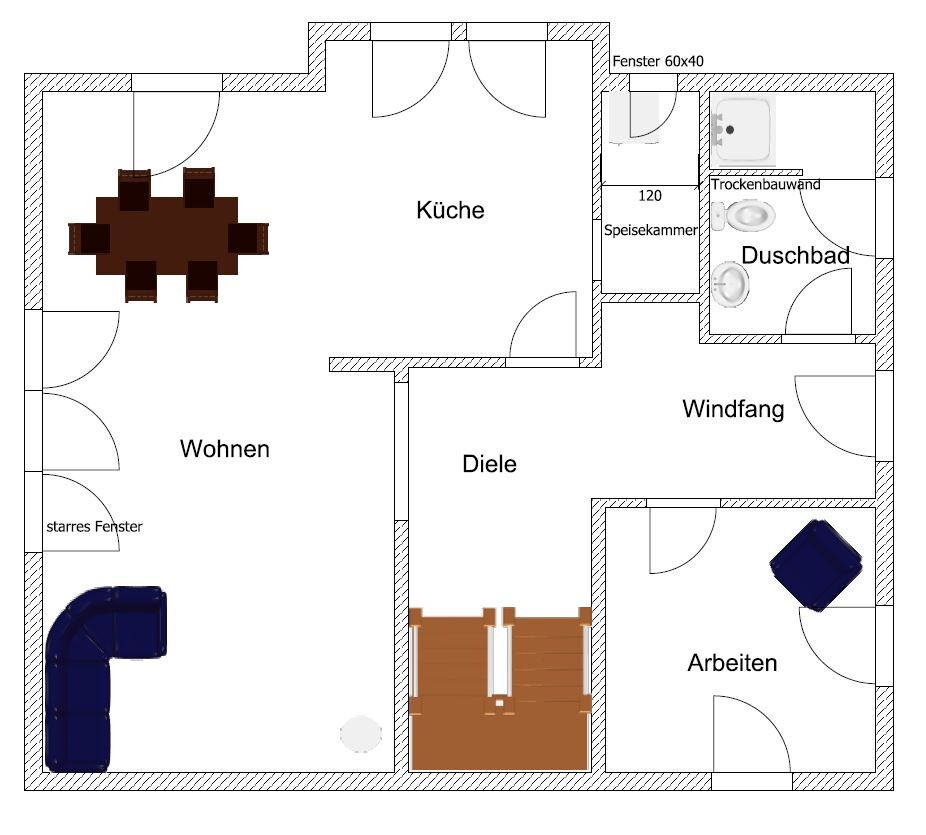 Floor plan of an apartment: kitchen, living area, hallway, vestibule, shower bathroom; dining table, sofa, office chair.