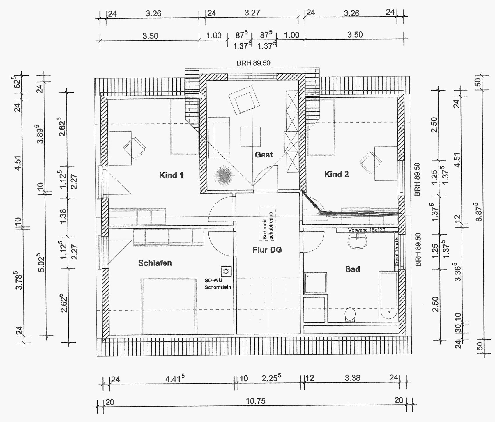 Attic floor plan with bedroom, two children’s rooms, guest area, bathroom, and corridor.