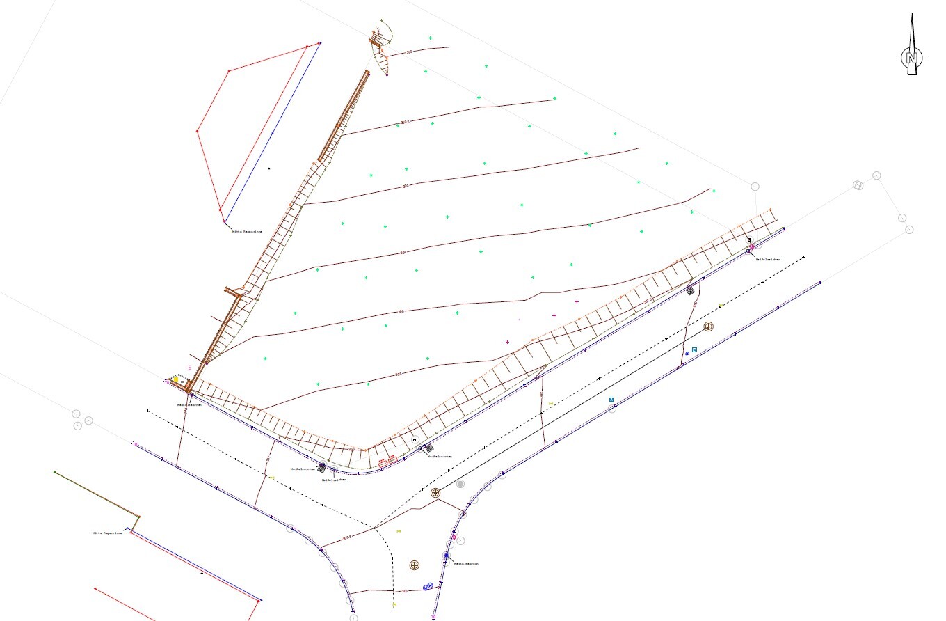 Technical construction plan with street layout, terrain contours, survey points, and north arrow.
