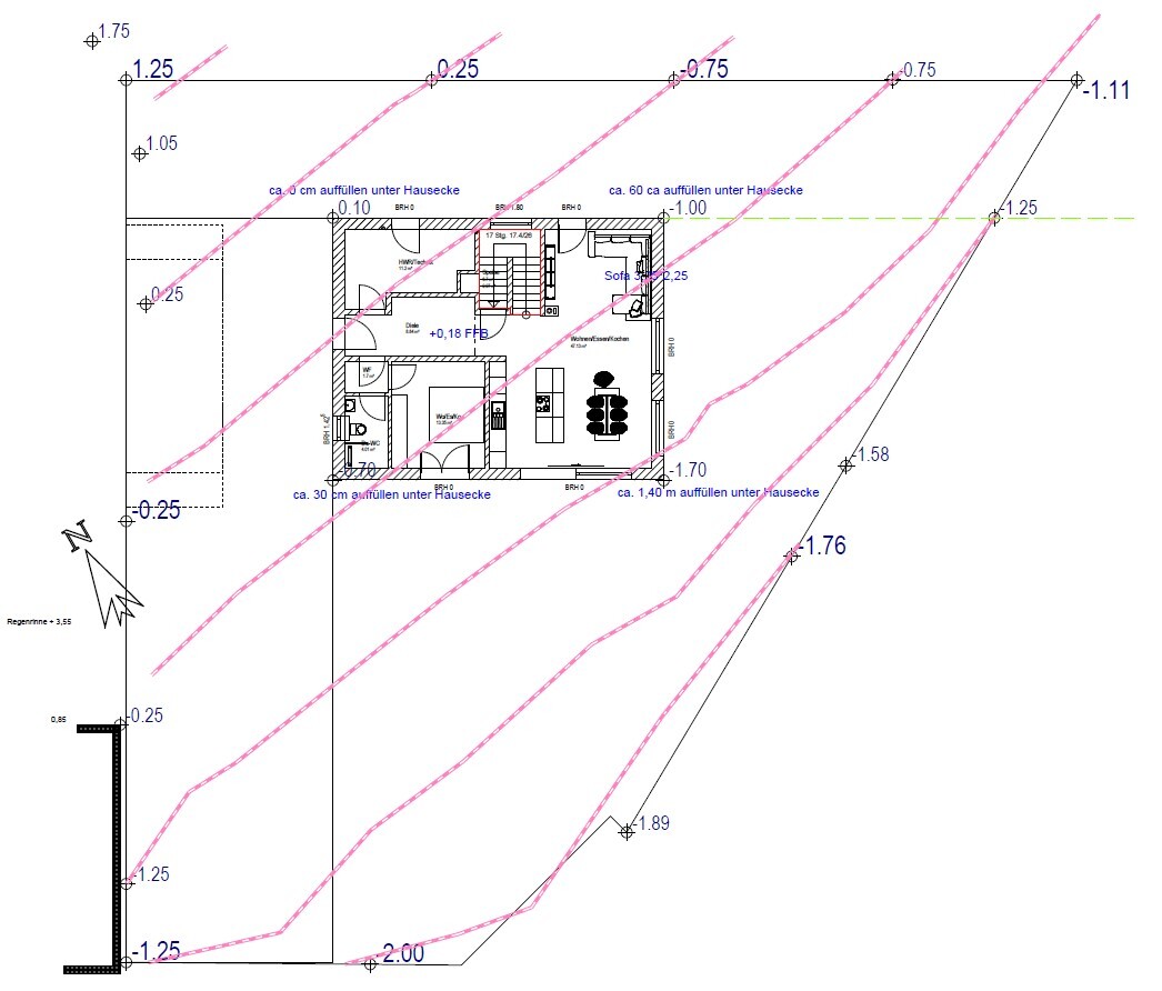 Floor plan of a house with kitchen/living area, sofa, dining table, staircase and pink outline lines.