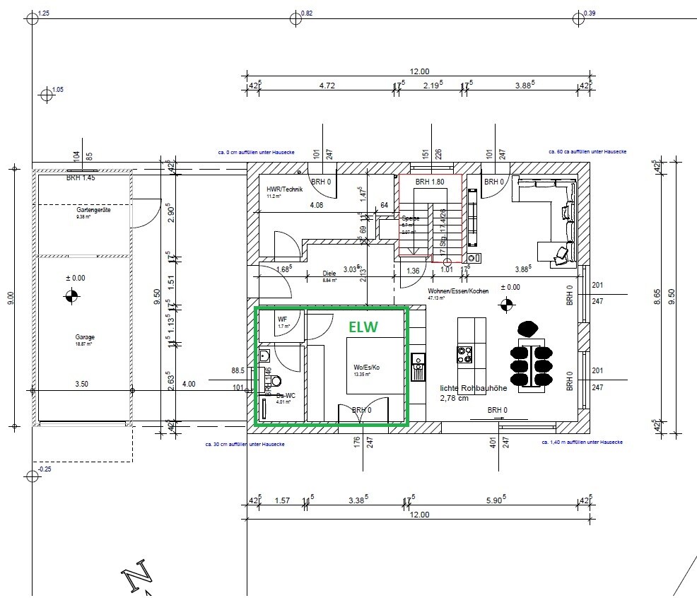 Floor plan of a house with garage on the left, granny flat marked in green with WC, hallway, kitchen/living area.