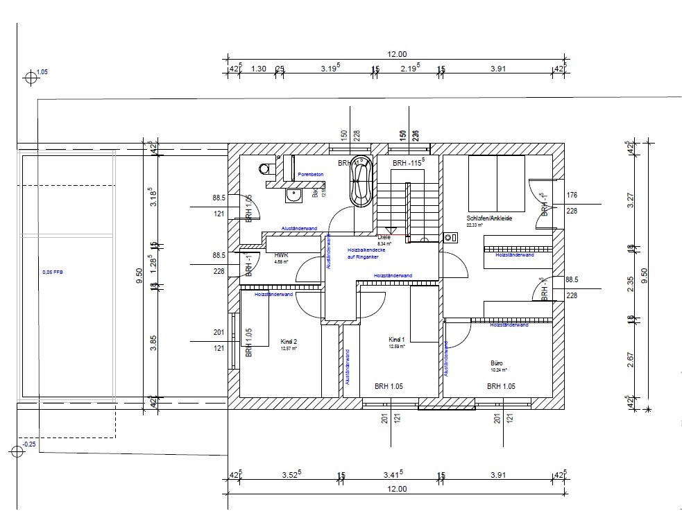 Floor plan of a house: rooms such as bedroom, children’s room, office, hallway, bathroom.