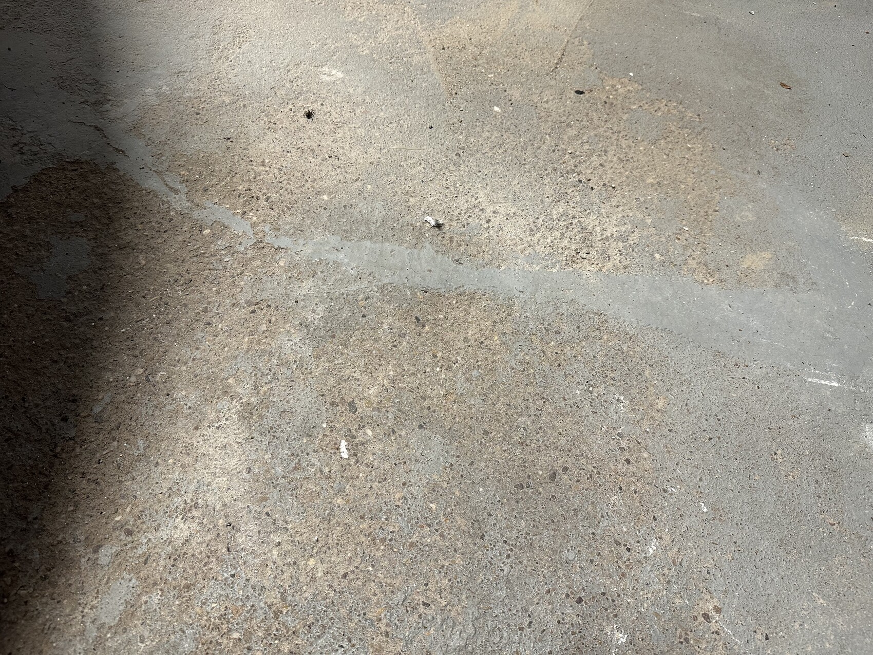 Close-up of a rough concrete surface with discoloration, stains, and gravel particles.
