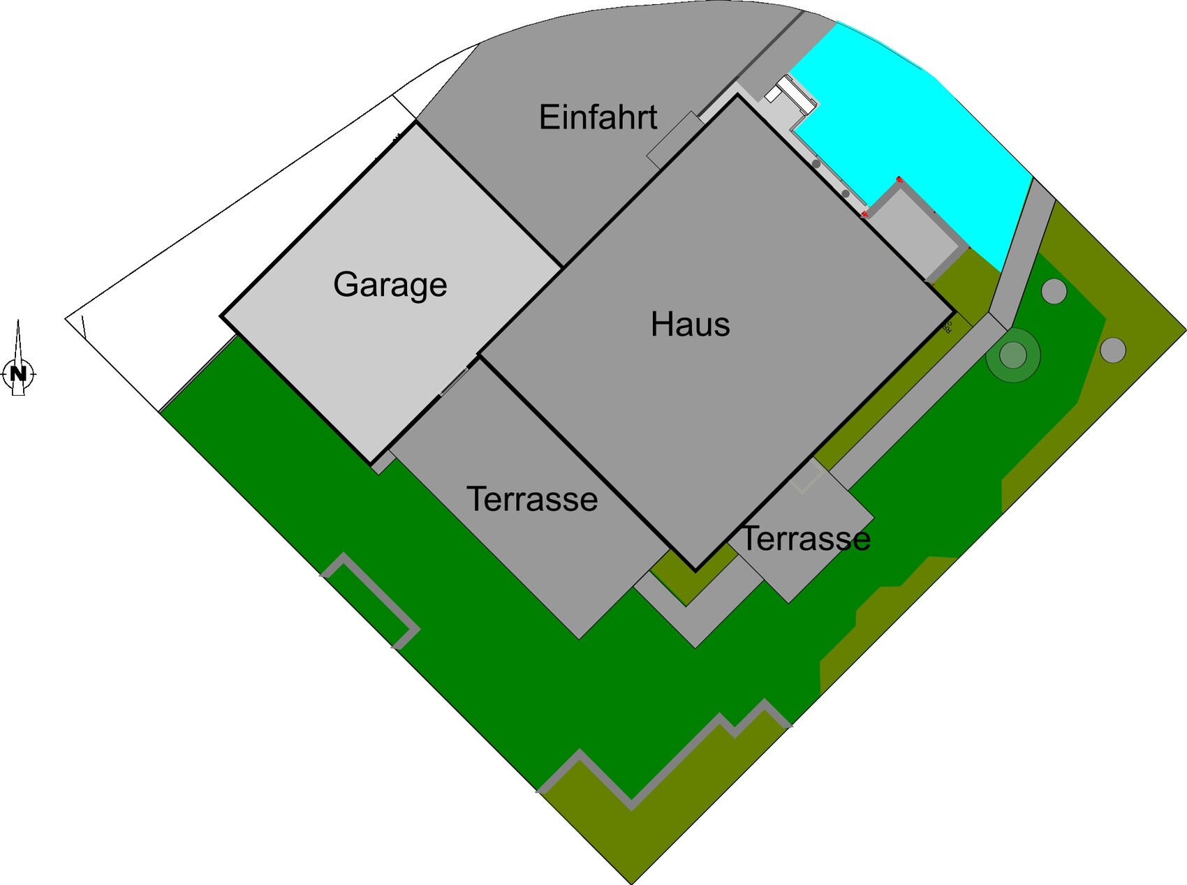 Floor plan of a house with garage, two terraces, driveway, pool area, and garden.