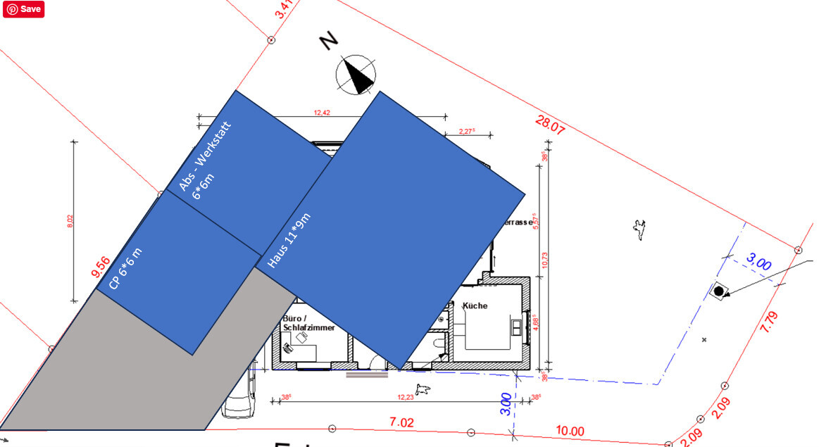 Grundrissplan: Zwei blau markierte Gebäude auf Grundstück, Küche, Büro/Schlafzimmer.