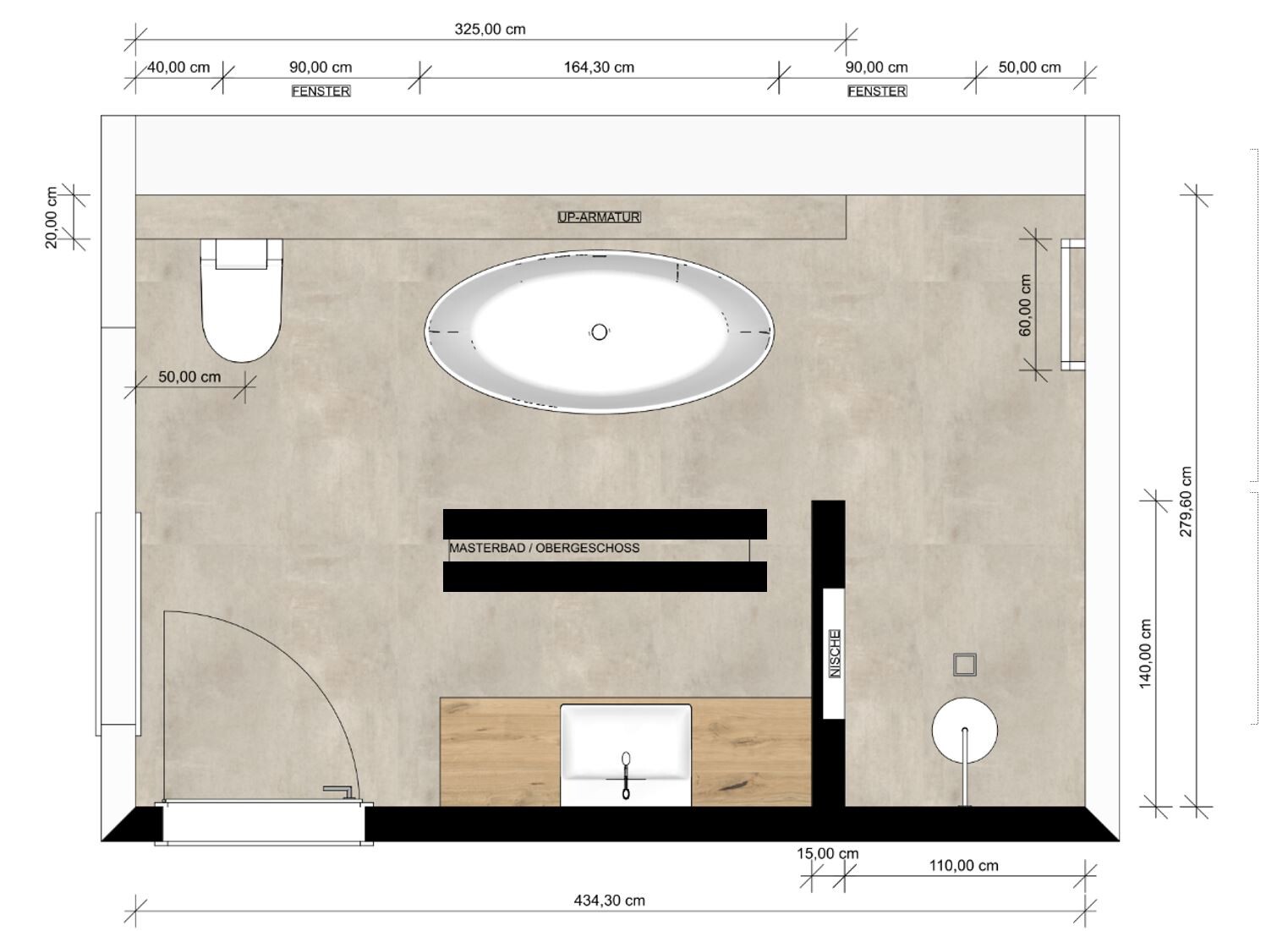 2D bathroom floor plan with bathtub, toilet, and sink on the upper floor