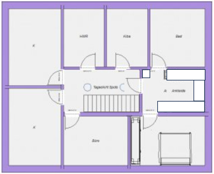 Floor plan of a house with central staircase, hallway, and several rooms around it.