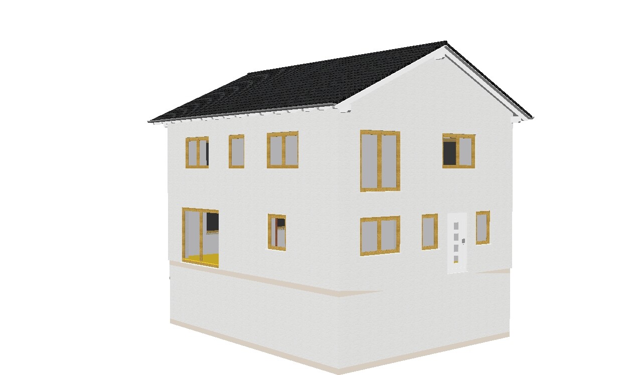 3D-Ansicht eines weißen Hauses mit dunklem Dach und braunen Fensterrahmen