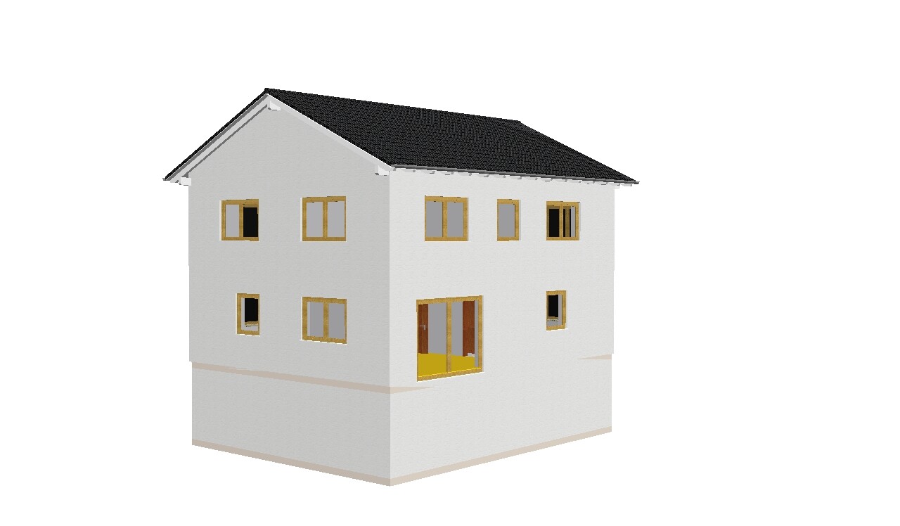 3D-Hausmodell Außenansicht eines weißen zweigeschossigen Hauses mit schwarzem Dach