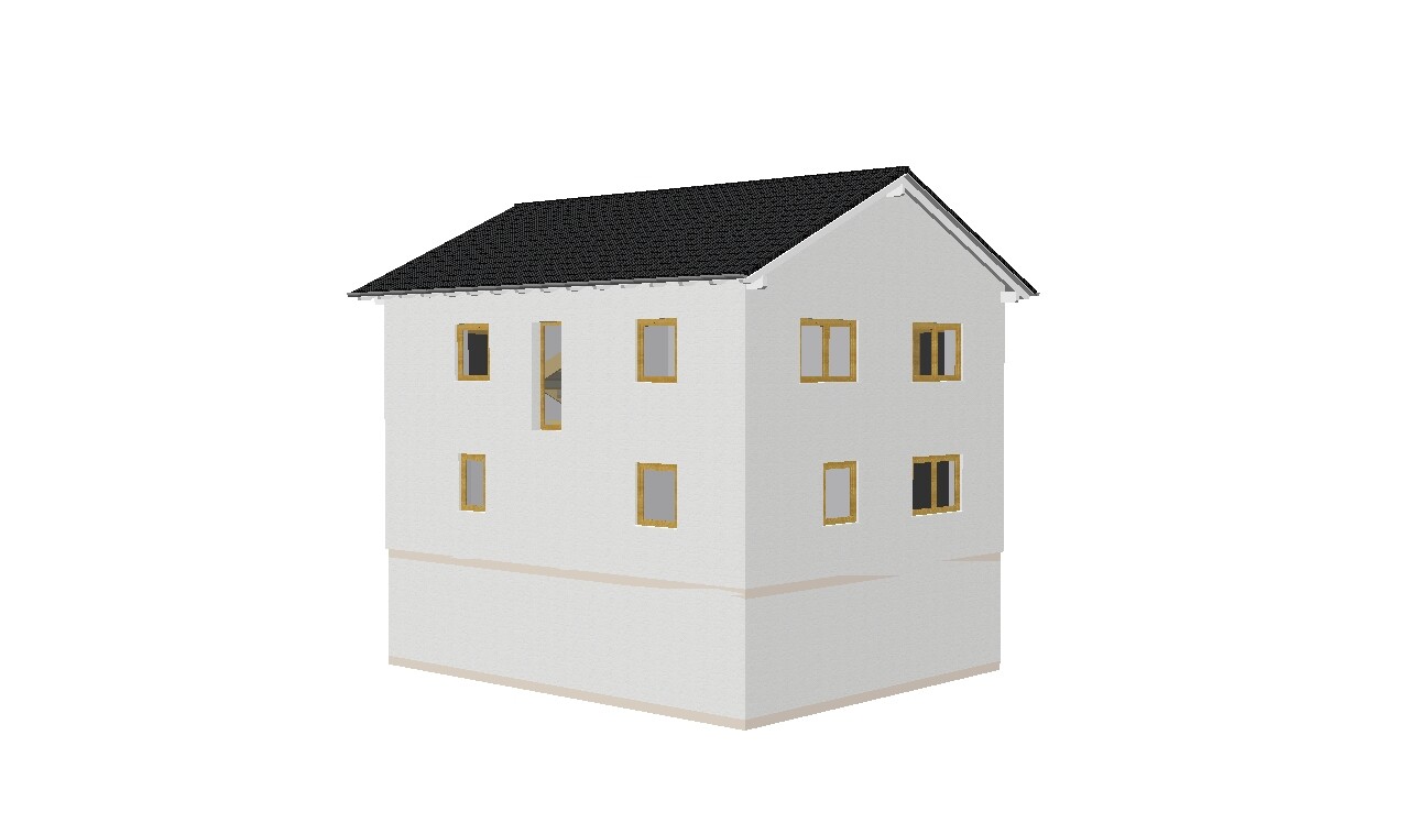 Dreidimensionales Hausmodell mit weißer Fassade, schwarzem Dach und holzfarbenen Fenstern.