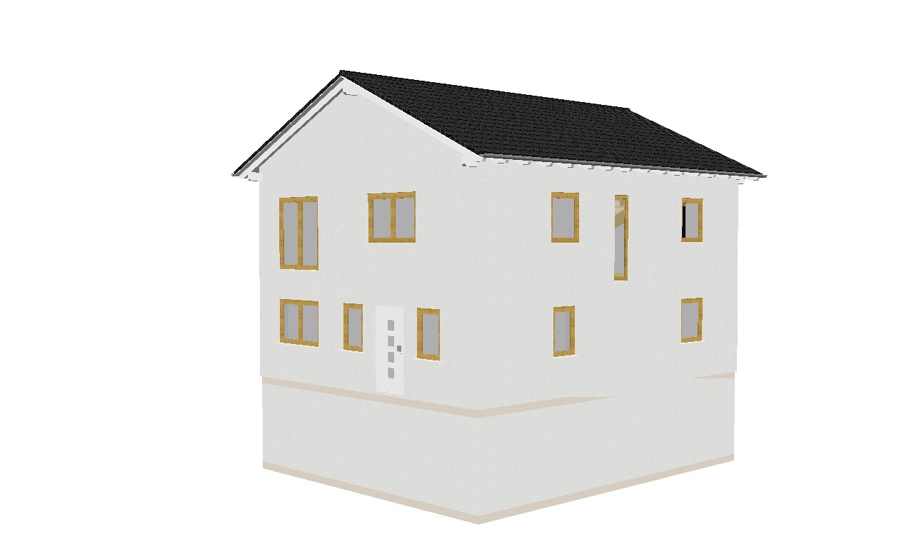 3D-Hausmodell: weißes Haus mit dunklem Dach und mehreren Fenstern, Außenansicht