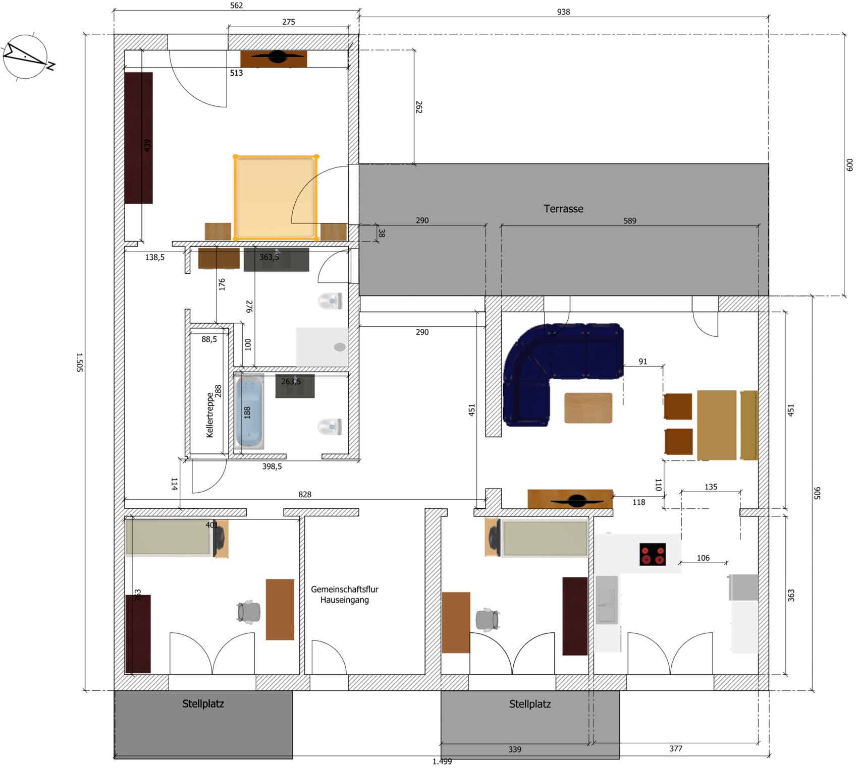 Detaillierter Grundriss: Wohnzimmer, Küche, Bad, Schlafzimmer, Terrasse, Stellplätze.