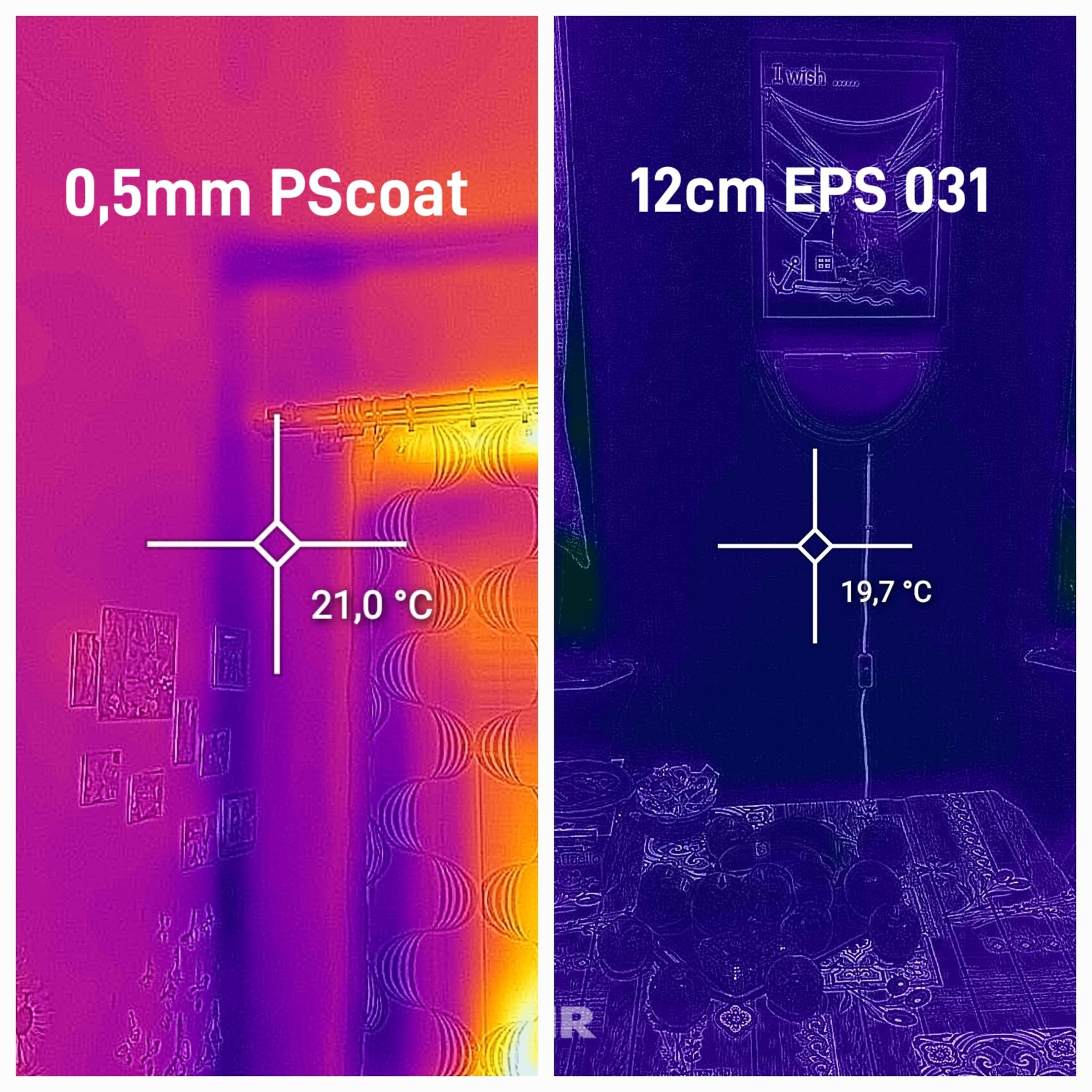 Thermographic dual image showing living area and entrance with temperature readings 21.0°C and 19.7°C