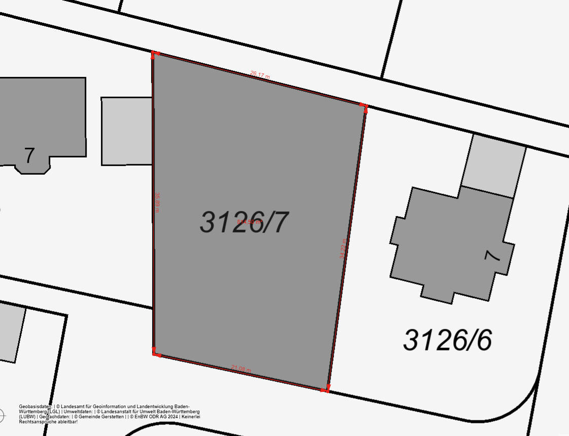 Site plan: Plot 3126/7, irregular gray-shaped plot next to 3126/6, red boundary line.