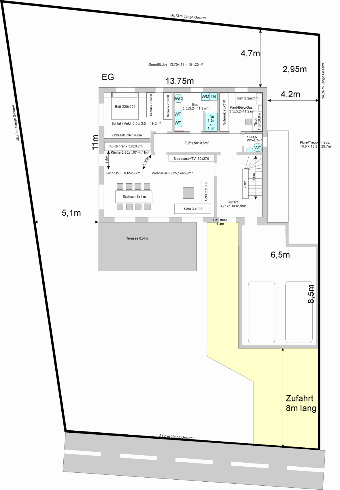 Ground floor plan: kitchen, living/dining, bedroom, bathroom, terrace, and driveway.