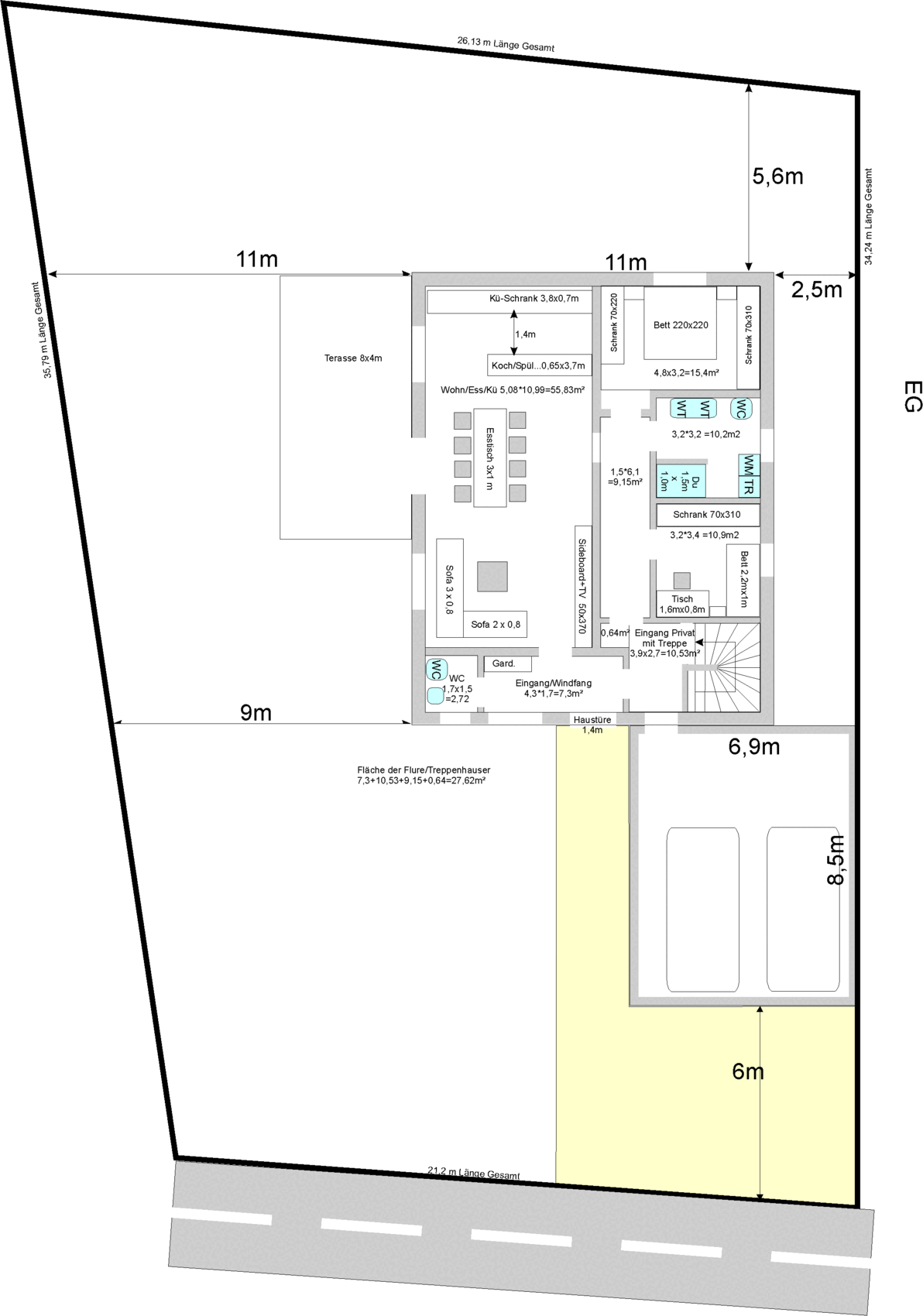 Floor plan of a house with terrace, kitchen, living area, bedrooms, bathroom, and hallway.
