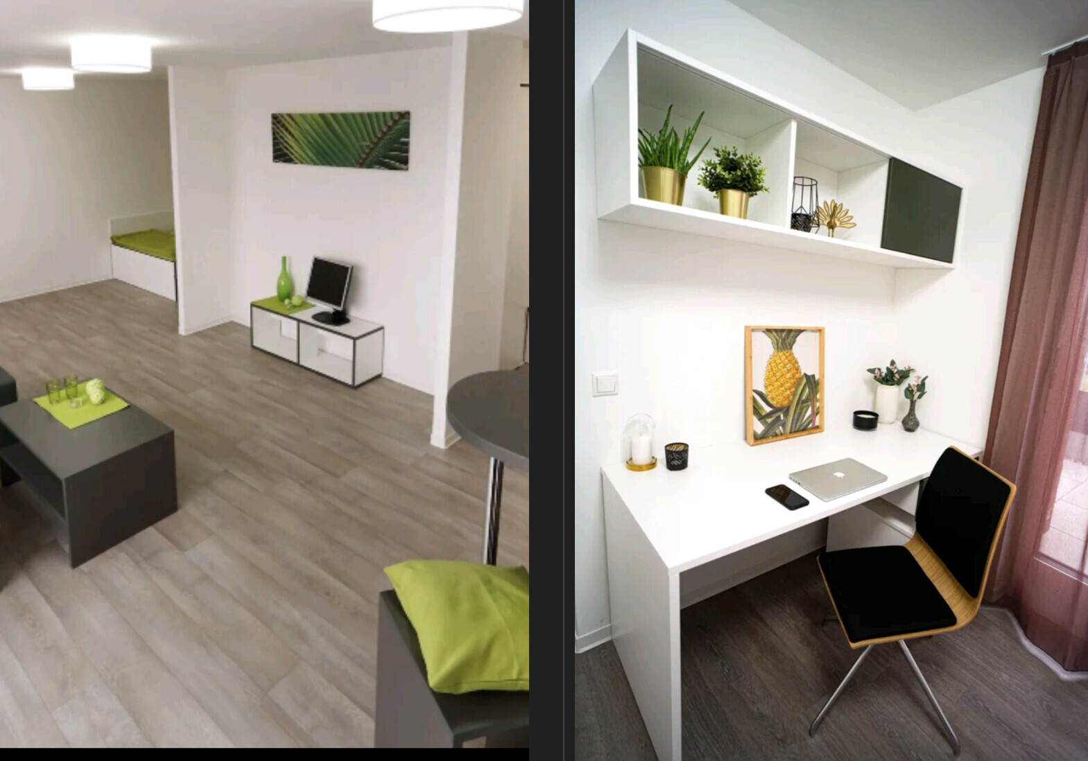 Two modern rooms: left lounge with green accents, right workstation with laptop and plants.