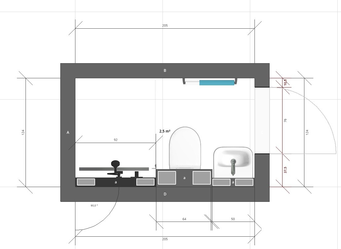 Technische Grundrisszeichnung: Raum mit Schreibtisch, Stuhl, Toilette, Waschbecken und Messlinien.