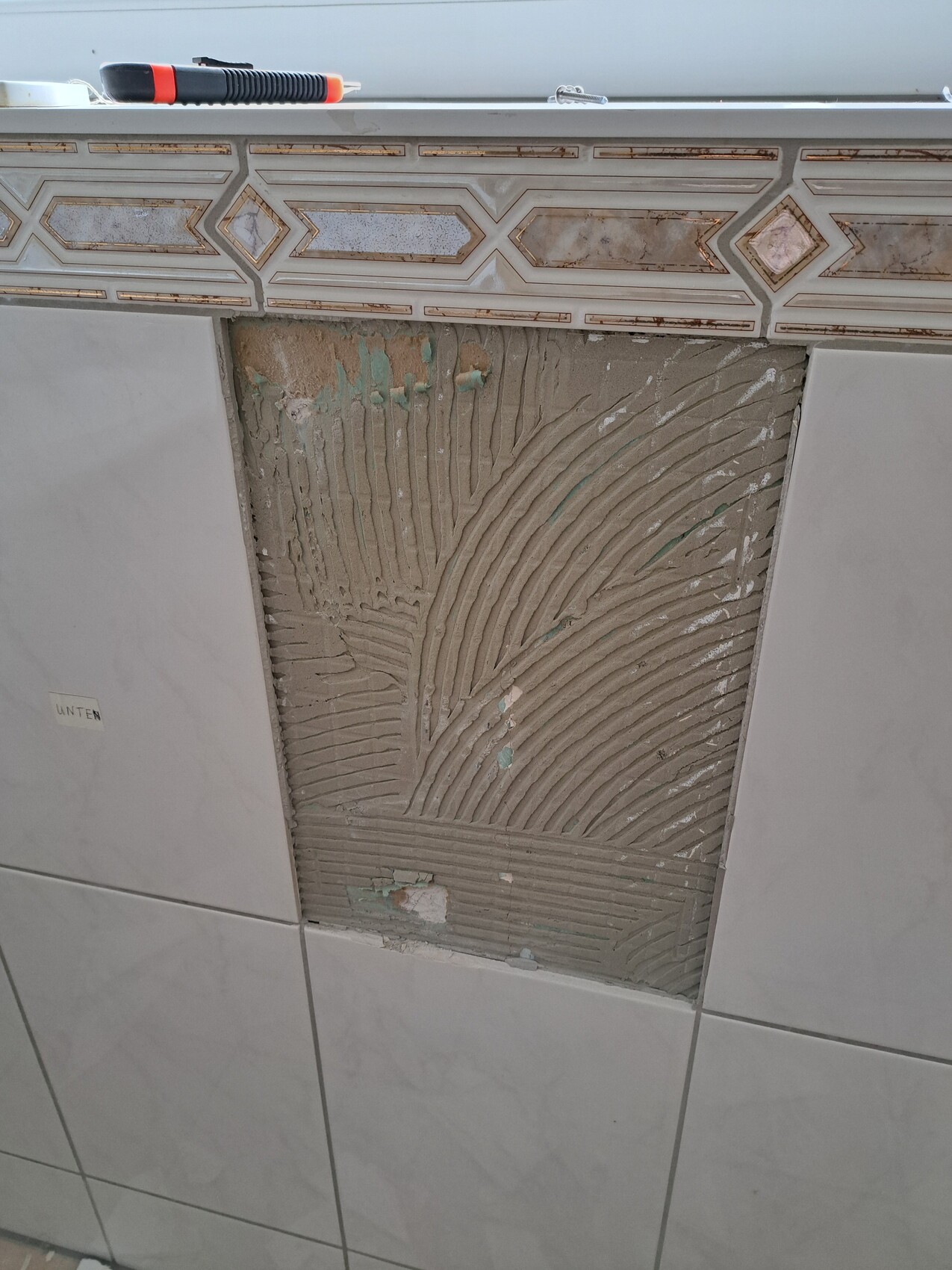 Tile wall with exposed mortar area, tool on top, decorative border.
