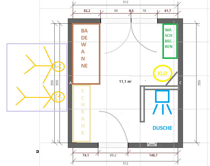 Bathroom floor plan: bathtub left, sink right, shower bottom right, toilet top.