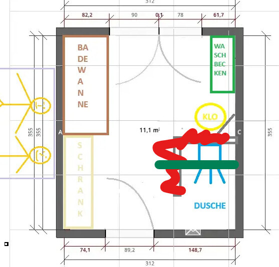 Floor plan: bathtub left, closet left, sink right, toilet (WC) center, shower right