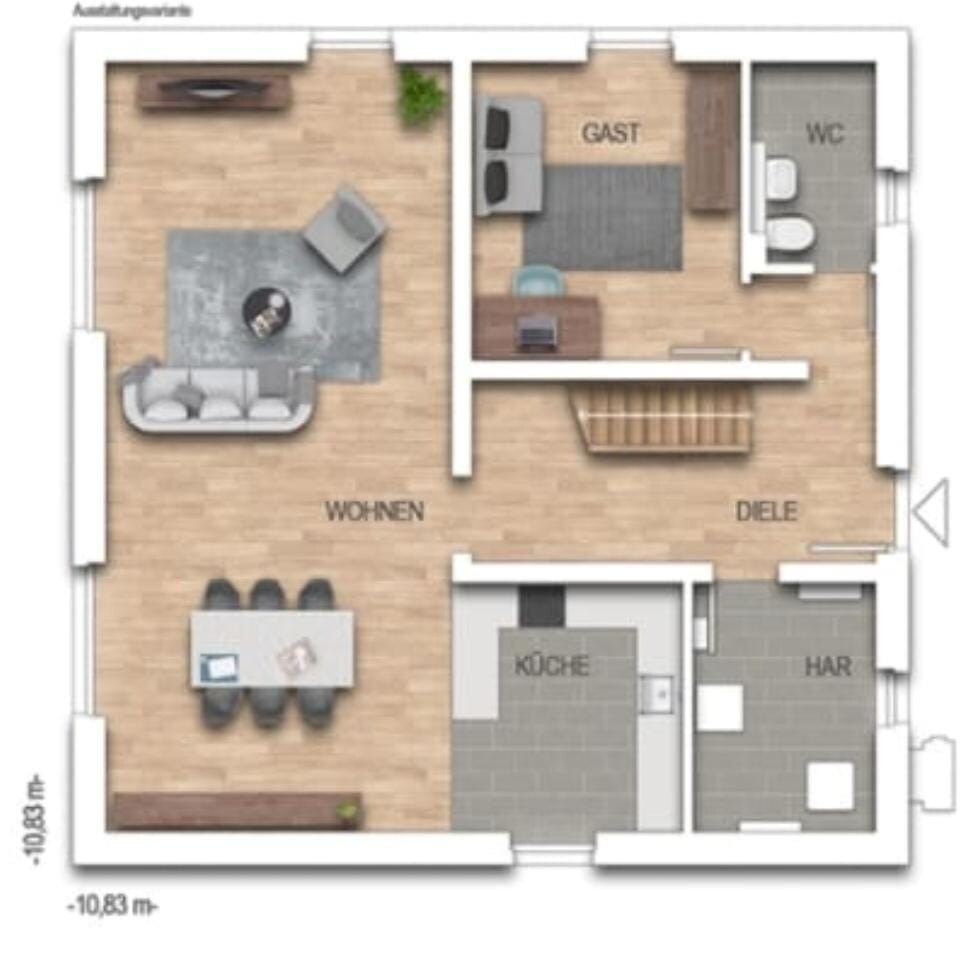 Floor plan of an apartment: living room, kitchen, hallway, guest room, toilet, utility room.
