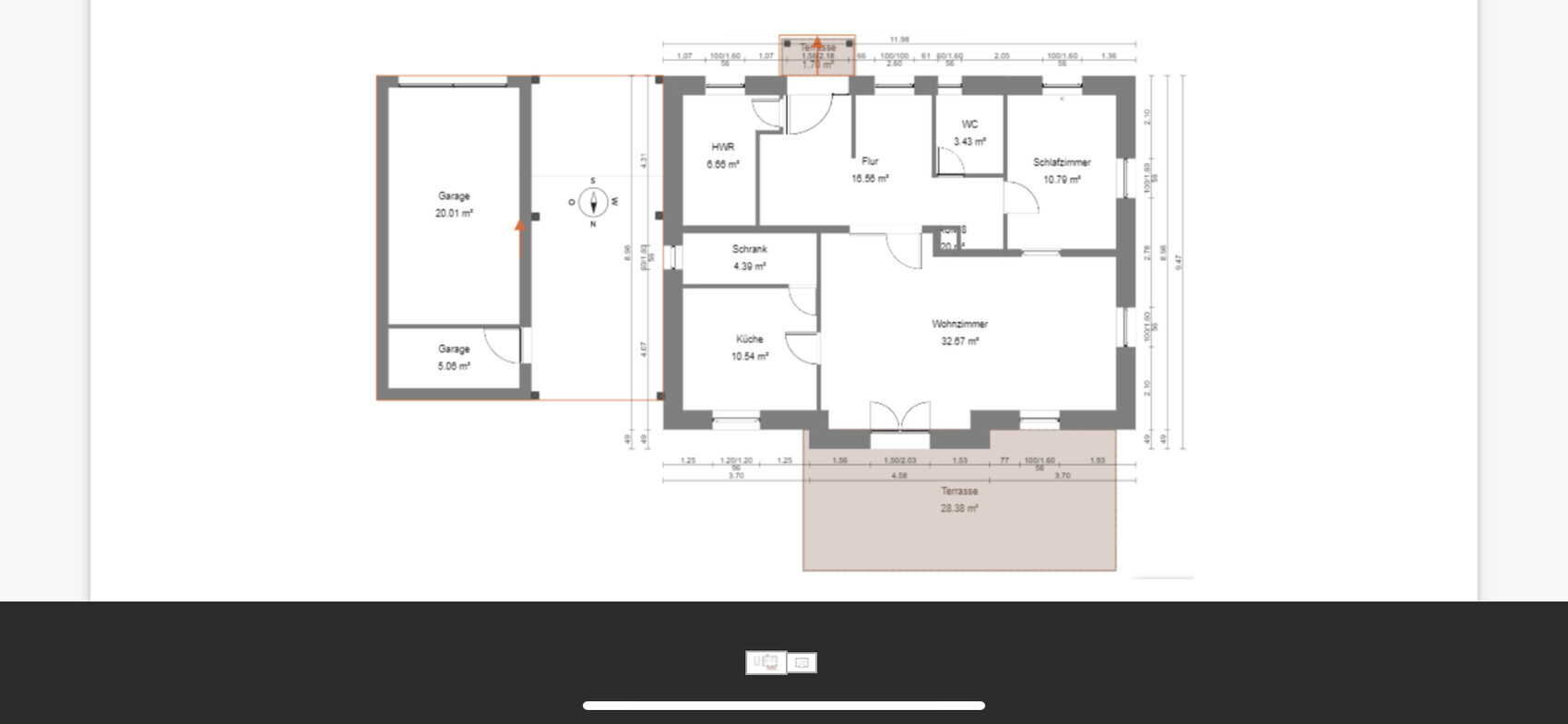Grundriss eines Hauses mit Garagen, Wohnzimmer, Küche, Schlafzimmer, Flur, WC, HWR und Terrasse.