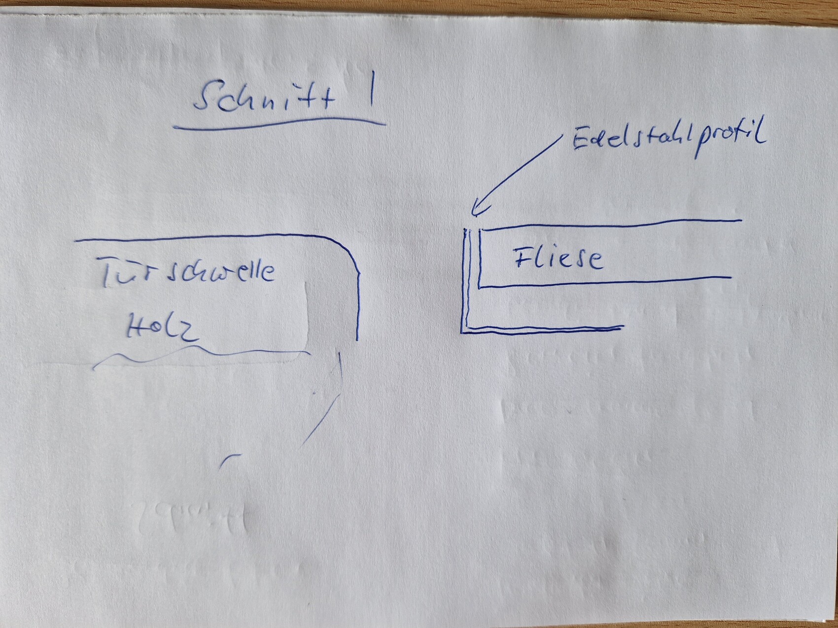Sketch: wooden door threshold on the left, tile on the right with stainless steel profile.