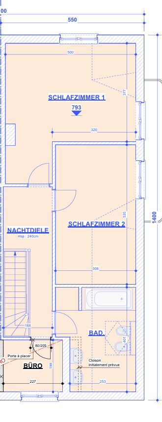 Floor plan of a house: Bedroom 1 and 2, bathroom, office, hallway; dimension lines and doors visible.