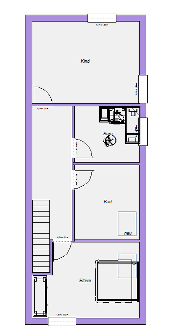 House floor plan: rooms for child, office, bathroom, and master bedroom with staircase and doors.