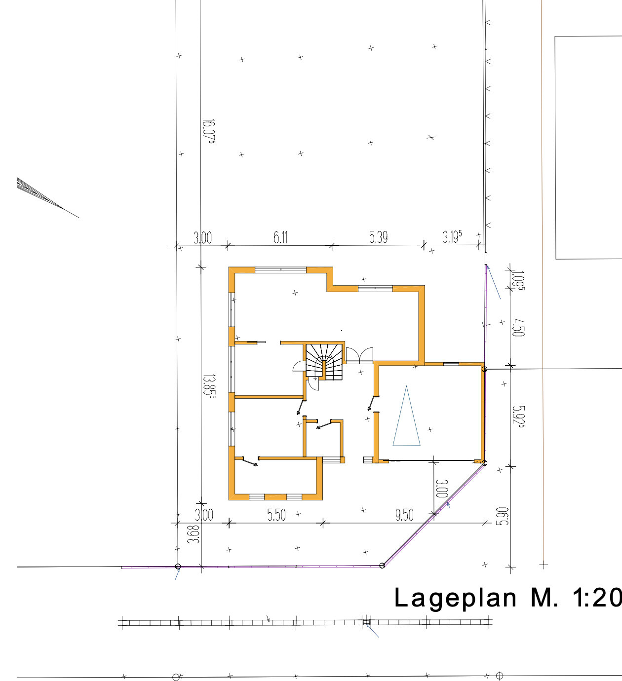 Floor plan of a house with interior walls, stairs and dimensioning