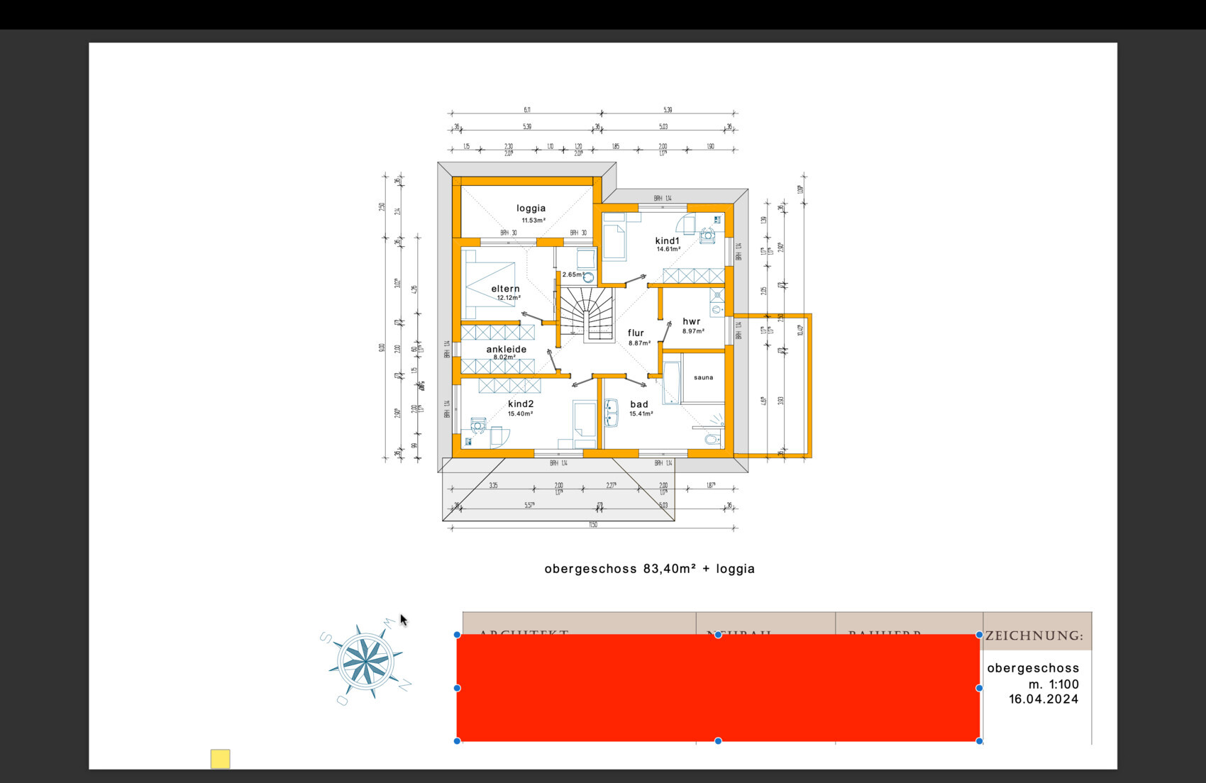 Upper floor plan with loggia, bathroom, sauna, hallway, children’s/parents’ rooms.