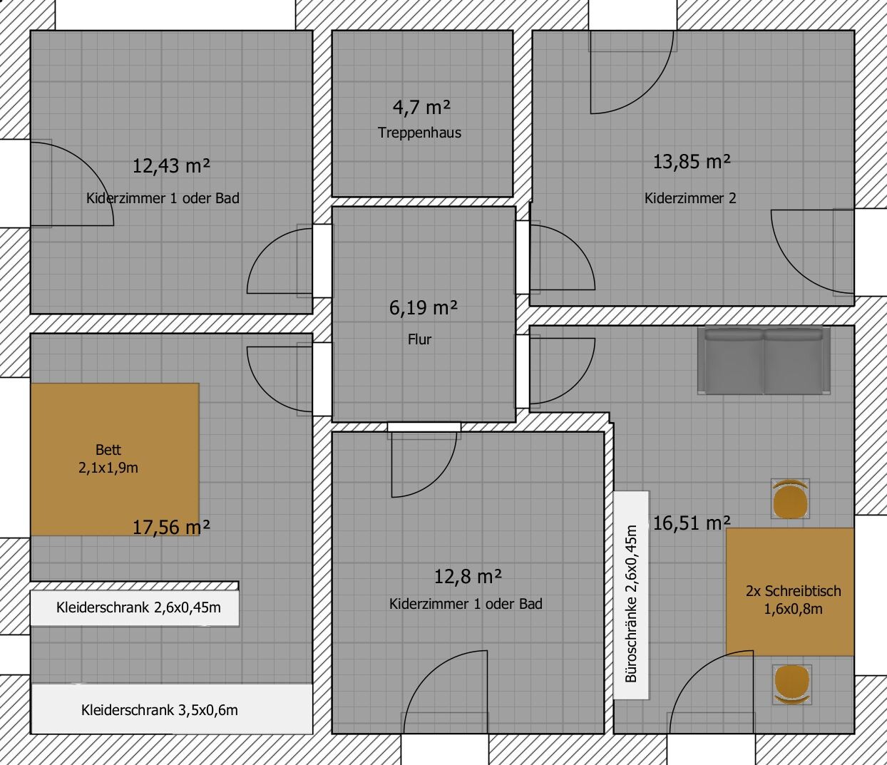 Floor plan of a house with hallway, stairwell, three children's rooms, bedroom, office area