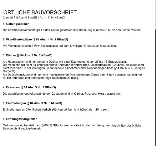 Örtliche Bauvorschrift: Geltungsbereich, Parkplätze, Dächer, Fassaden, Einfriedungen.