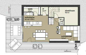 Floor plan of an open living area with kitchen, pantry, storage room, toilet, and terrace