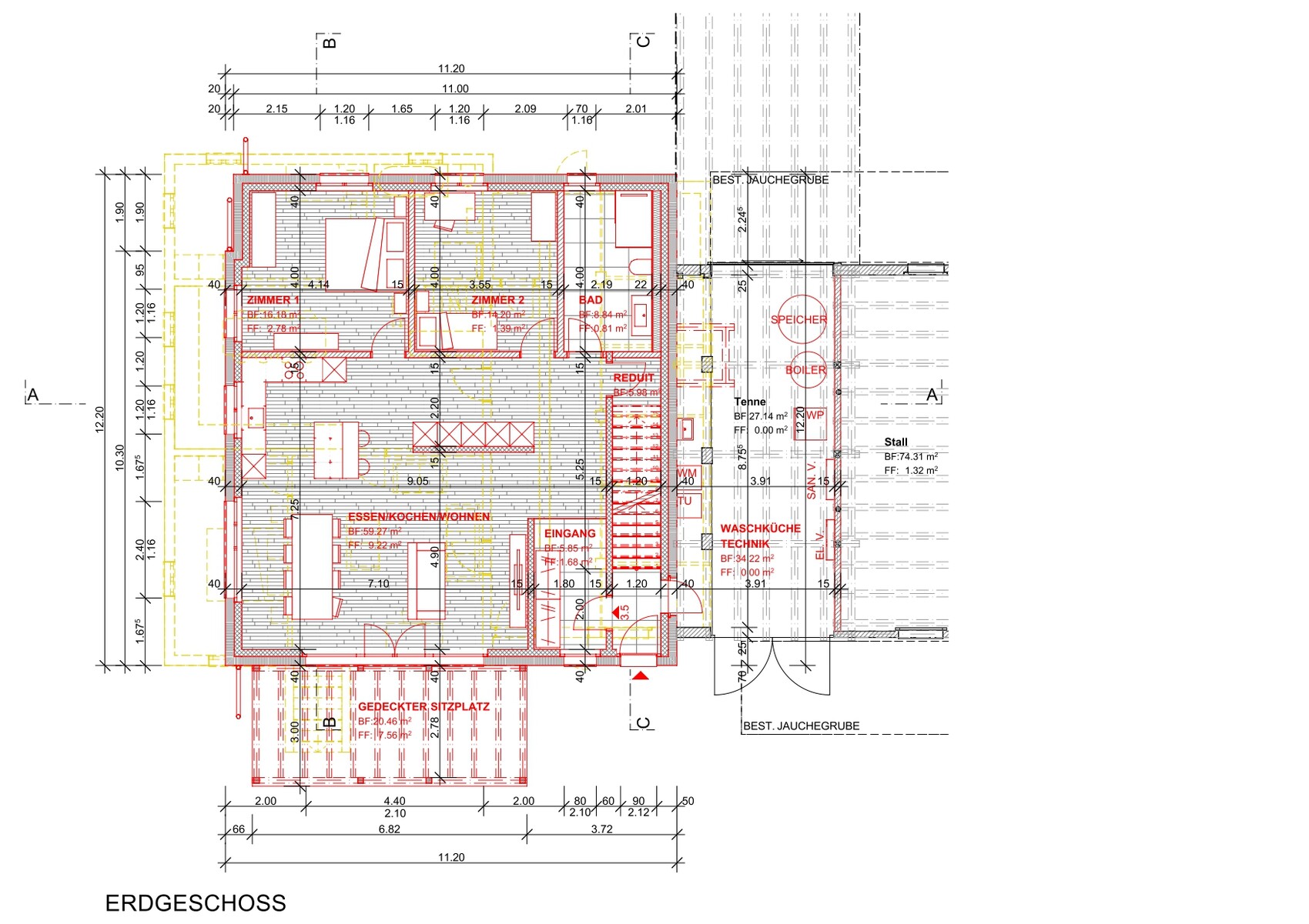 Architectural plan of the ground floor of a house with kitchen, open living-dining area, bathroom, and laundry room.