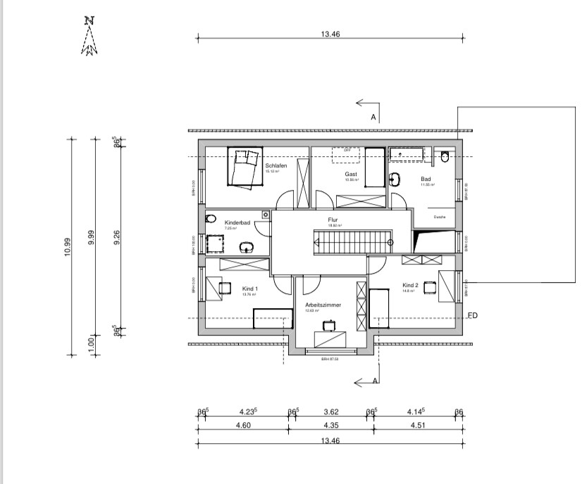 Floor plan of a house with bedroom, guest room, children’s bathroom, office, hallway, child 1, child 2