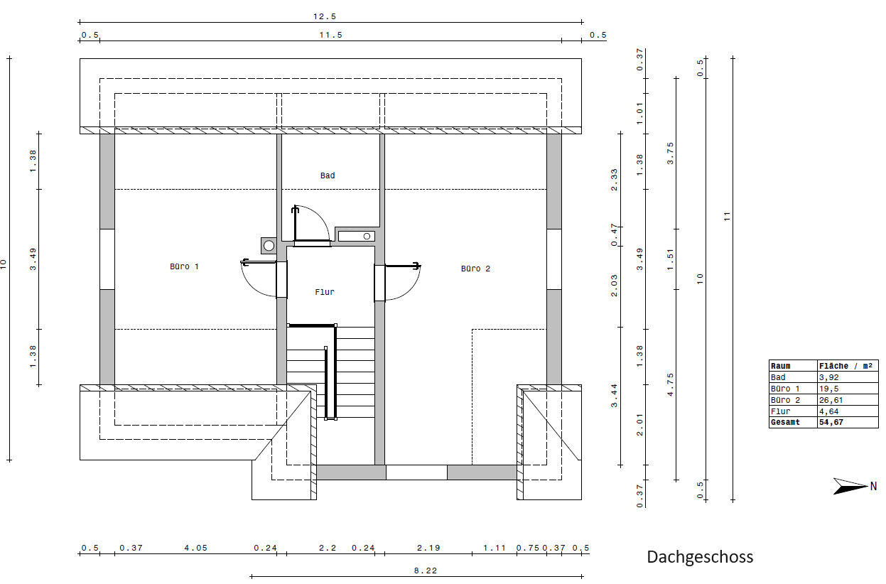 Attic floor plan with two offices, bathroom, hallway, and stairwell.