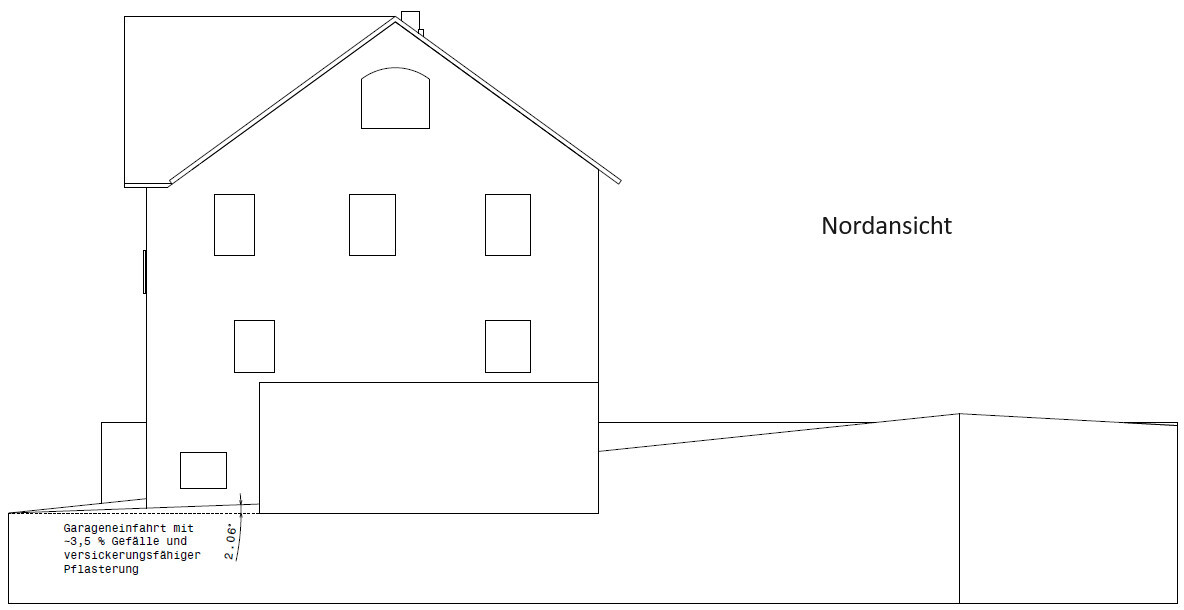 North view of a multi-story house with gable roof, windows, garage, terrain edge