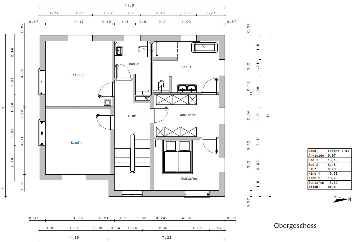 Upper floor plan: bedroom, dressing room, hallway, bathroom 1, bathroom 2, two children's rooms.