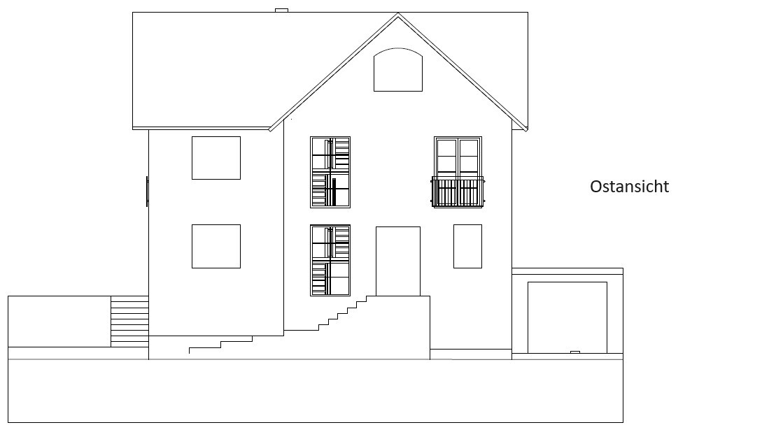 East view of a multi-story house with stairs, balcony, and garage