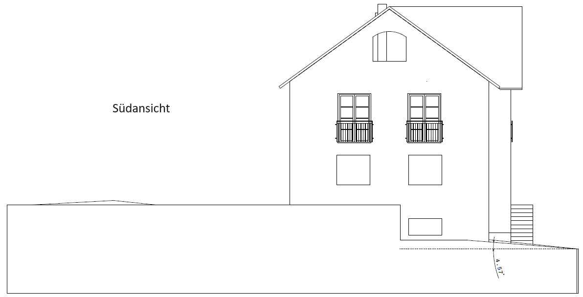 South view of a two-story house as a line drawing with gable dormer and balconies