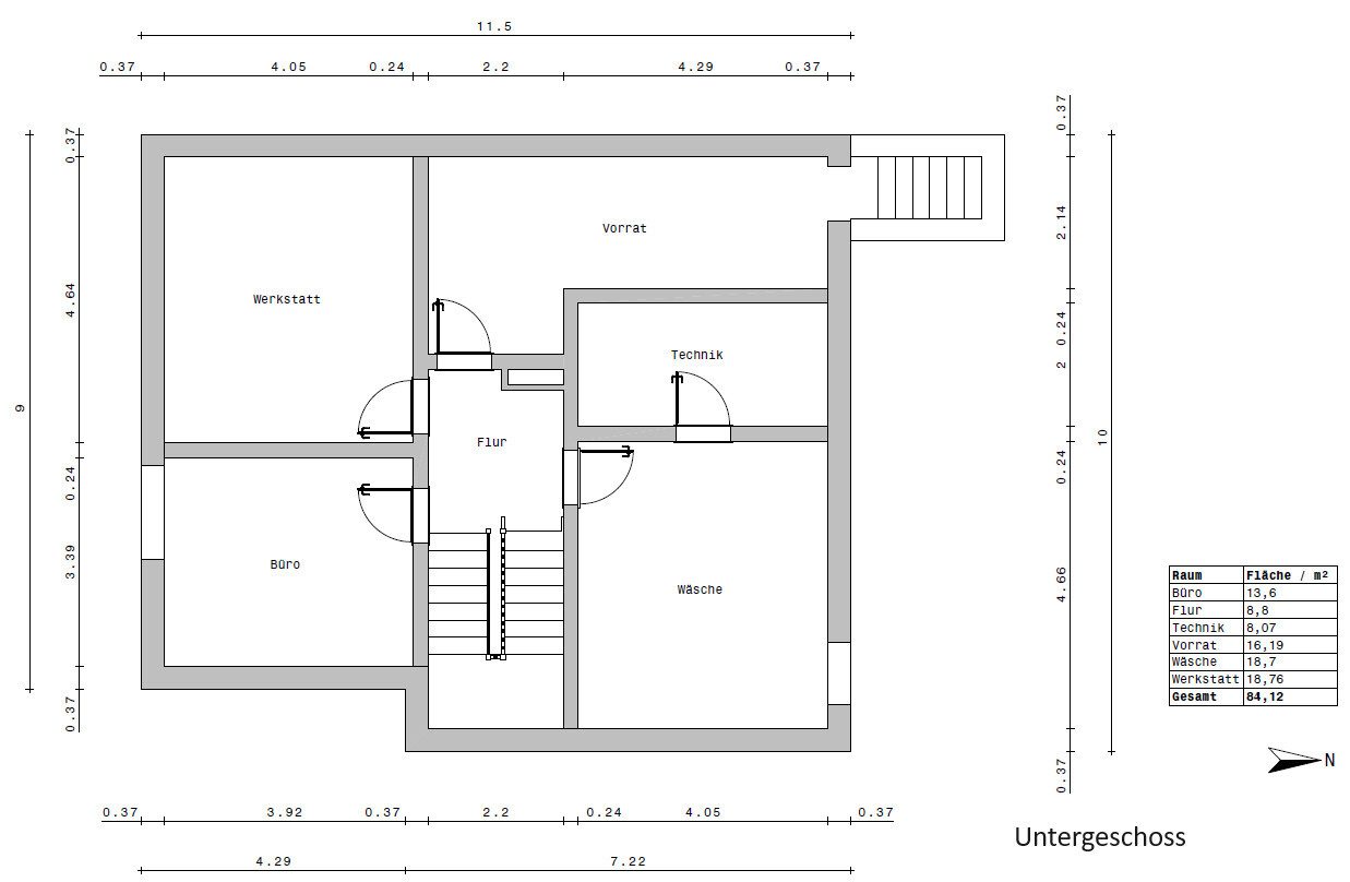 Basement floor plan with office, workshop, storage, utility room, laundry, hallway; stairs and doors.