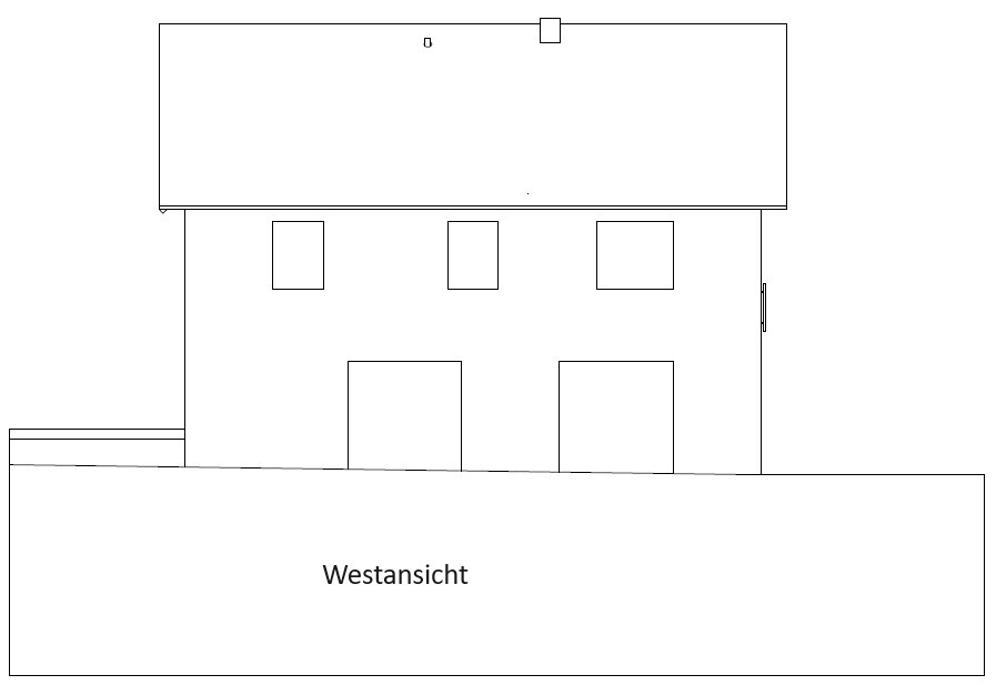 West view of a two-story house with roof, three windows on the upper floor, and two doors.
