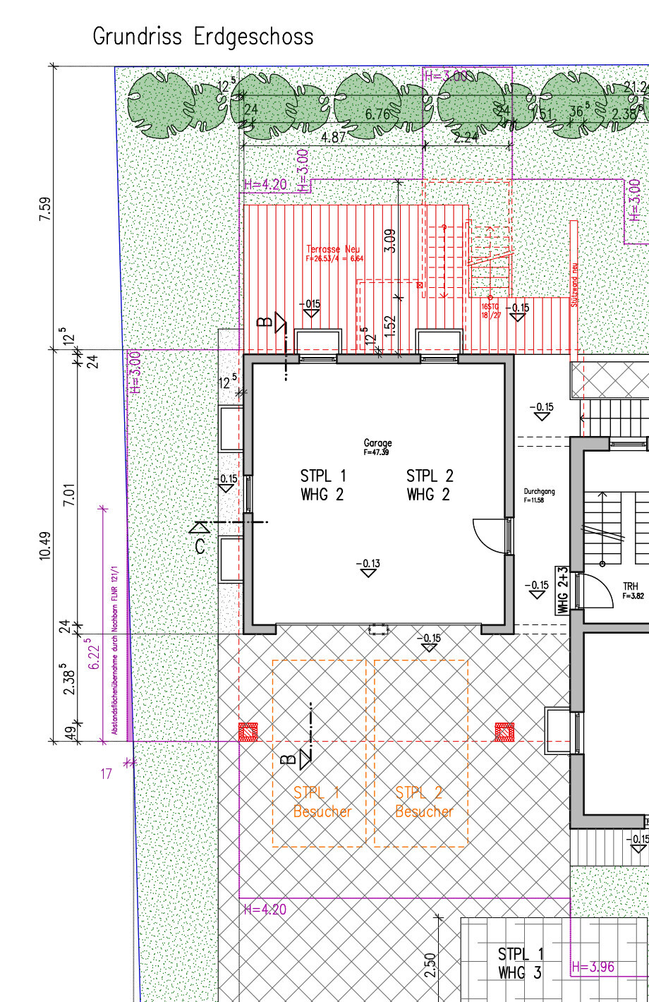 Ground floor plan with garage, terrace, stairs, garden plants, and visitor areas.